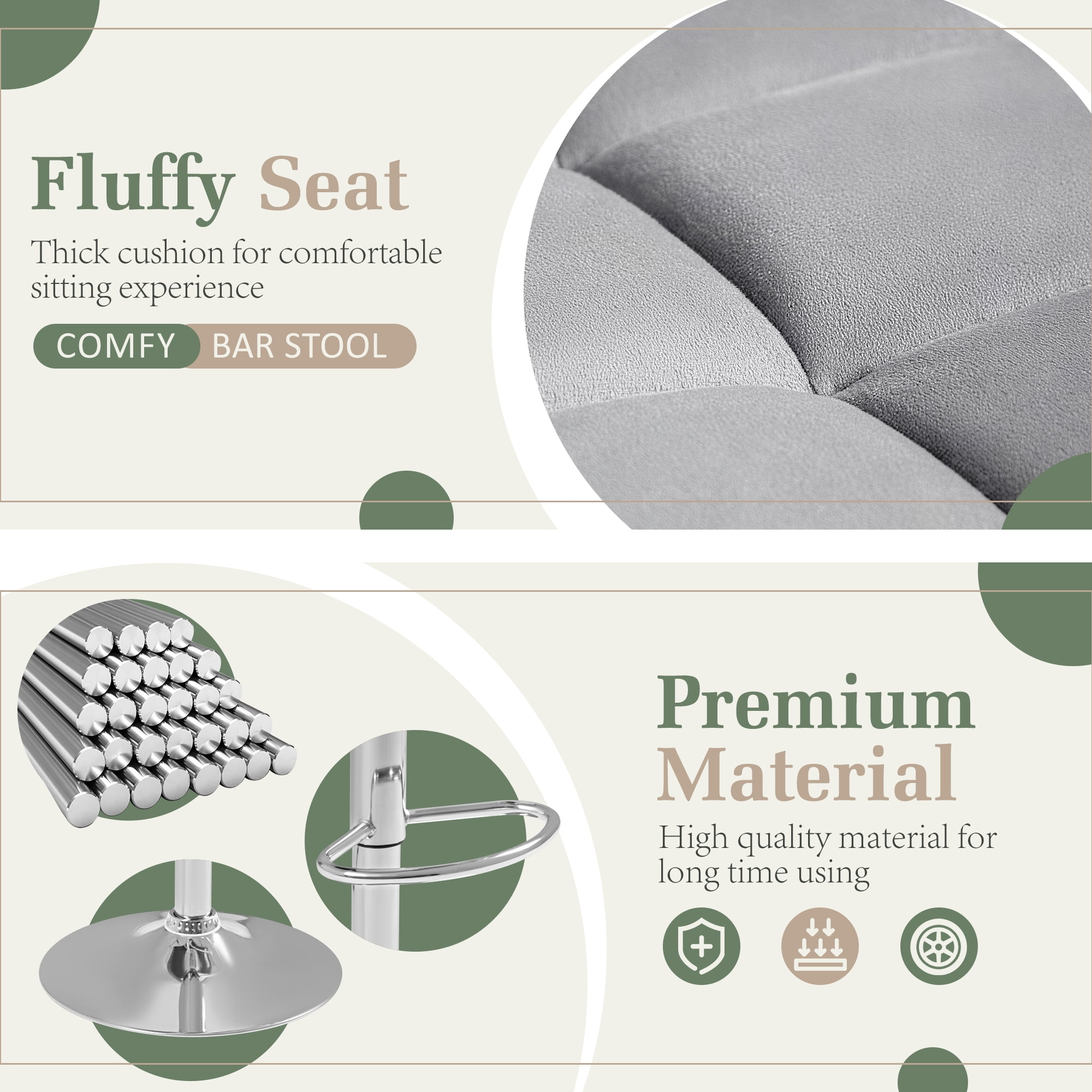 Homall Bar Stools Set of 2 Modern Velvet Height Adjustable Hydraulic Kitchen Counter Square Island Swivel Barstool with Armrest, Gray
