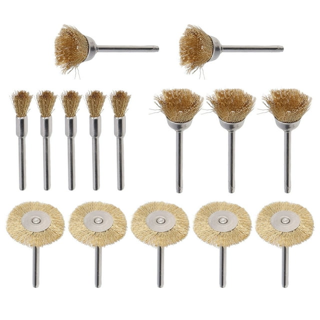 15 ruedas de alambre de latón, herramienta rotativa de pulido de metal, cepillos en forma de T, forma de bolígrafo, forma de cuenco