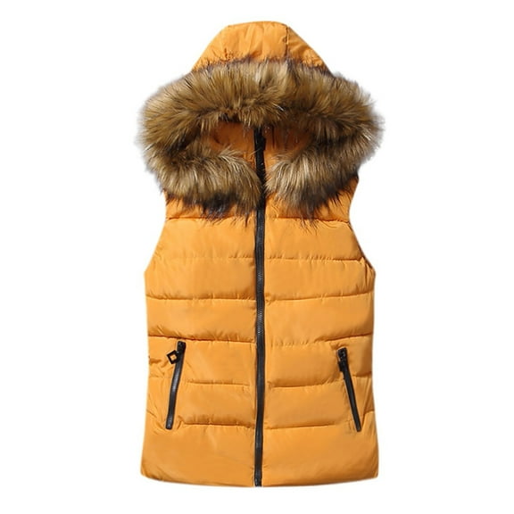 gakvbuo Women Short Outerwear Cotton-Padded Jackets Pocket Faux Hooded Vest Coats
