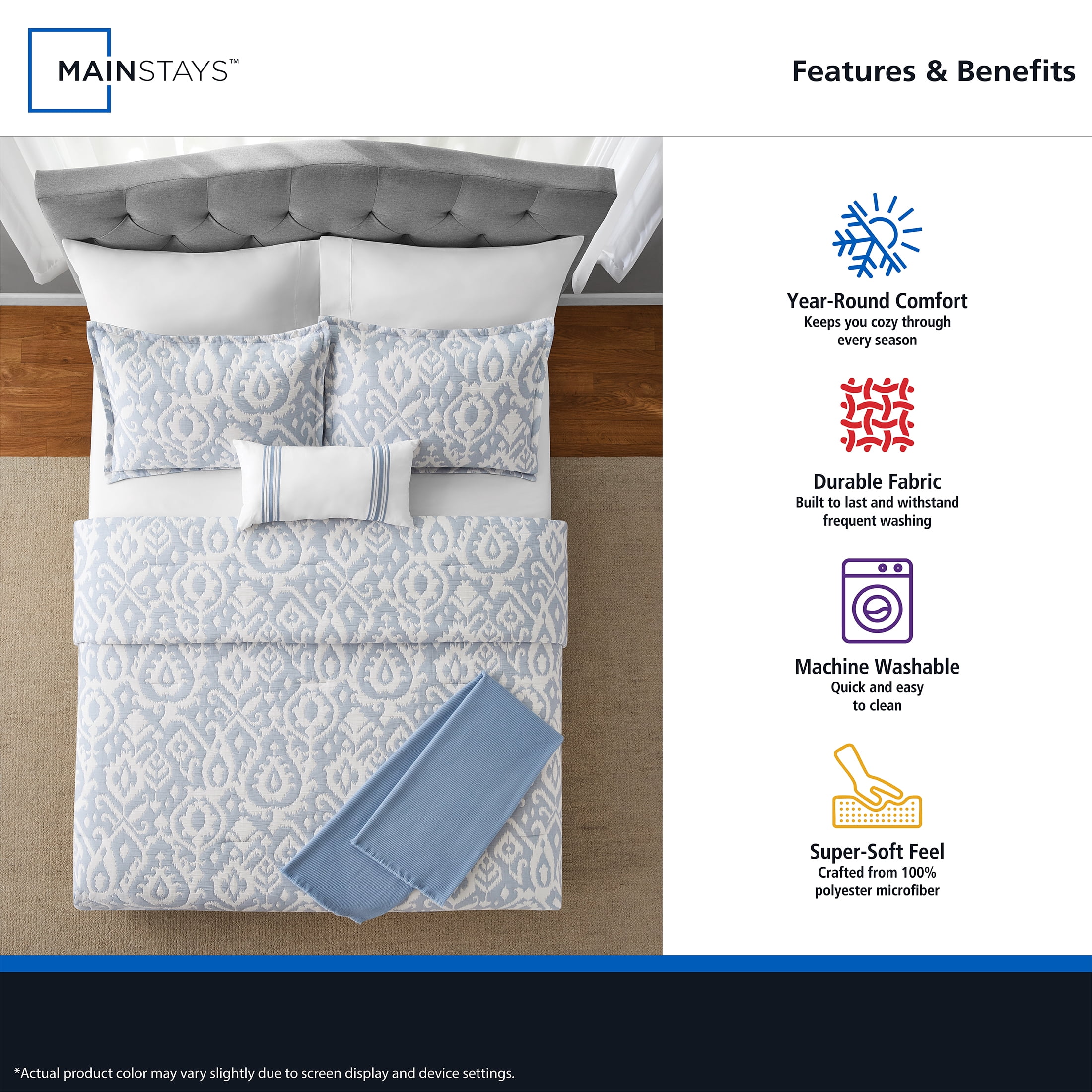 Mainstays Ikat 4-Piece Blue Matelasse Comforter Set, Twin/Twin XL