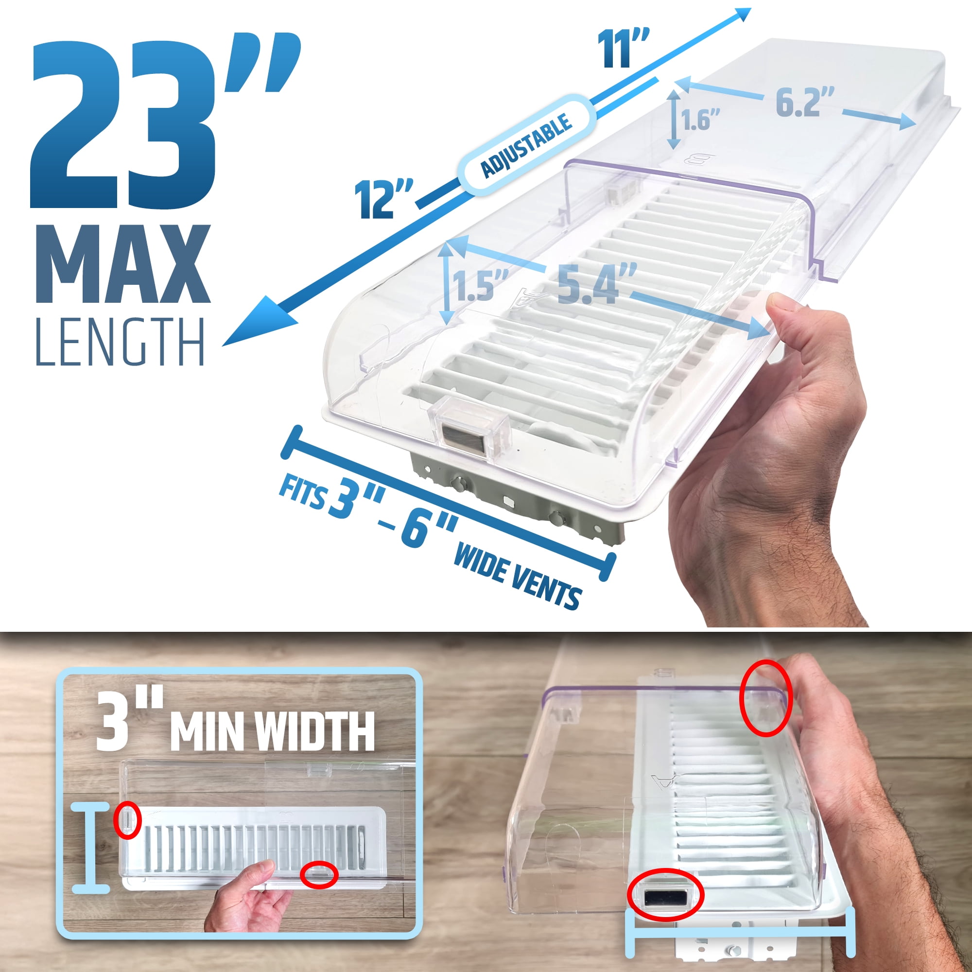 Powerful Magnetic Air Vent Deflector Sideways (Side Extender) - 3 Strong Neodymium Magnets (Upgraded Patented Design) - Fits 3"-6" Wide Floor/Wall/Ceiling Vents - 1.6"(H) - Adjustable from 12” to 23”