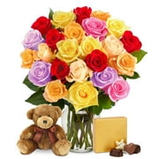 From You Flowers - Two Dozen Mixed Rainbow Roses + Chocolates + Bear for Birthday, Anniversary, Get Well, Congratulations, Thank You, All Occasions