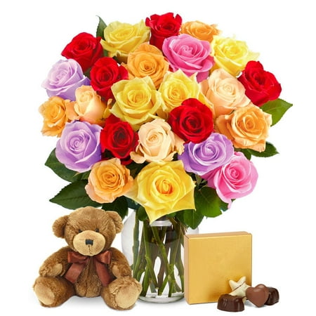 From You Flowers - Two Dozen Mixed Rainbow Roses + Chocolates + Bear for Birthday, Anniversary, Get Well, Congratulations, Thank You, All Occasions