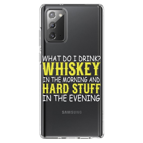 DistinctInk Clear Shockproof Hybrid Case for Samsung Galaxy Note 20 (6.7" Screen) - TPU Bumper Acrylic Back Tempered Glass Screen Protector - Whiskey in the Morning, Hard Stuff Evening
