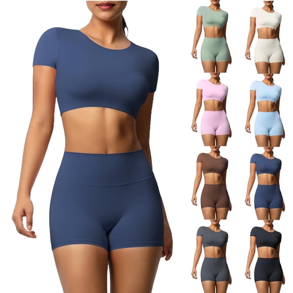 FNFYFH Womens Workout Sets Stretch Slim Fitted 2 Piece Yoga Outfits Shorts and Crop Top Matching Gym Athletic Clothing Set