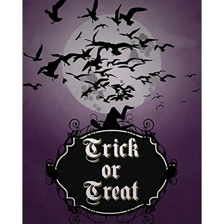 Trick Or Treat Print Witches Hat Bats Flying Moon Purple Night Background Picture Halloween Decoration Wall Hanging Seasonal Poster