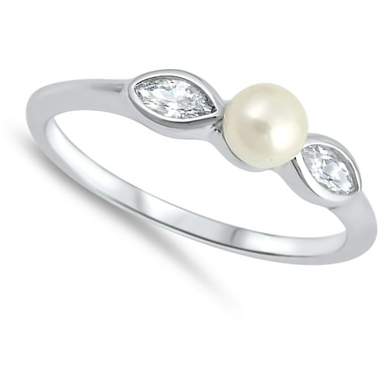Sterling Silver Simulated Pearl & CZ Ring - Sizes 5 To 9 | Rhodium Plated | Gift Box Included