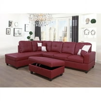 Ponliving Faux Leather Sectional Set, Living Room L-Shaped Modern Sofa Set, with Storage Ottoman and Matching Pillows, Left Facing Red