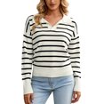 thumbnail image 2 of jinghuiyue Womens V Neck Sweater Long Sleeve Polo Striped Pullover Sweater Casual Knitted Loose Fall Tops M, 2 of 6