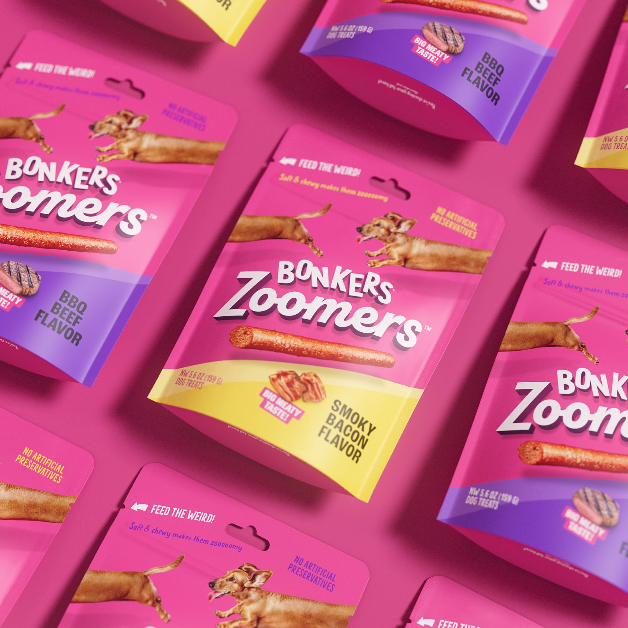 (4 pack) BONKERS Zoomers Smoky Bacon Flavor Soft & Chewy Treats for Dogs, 5.6oz Bag