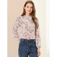 thumbnail image 2 of Unique Bargains Femmes Floral Semi Transparent Trou de Serrure Chemisiers Stand Col Puff Manches Longues Tops, 2 of 6