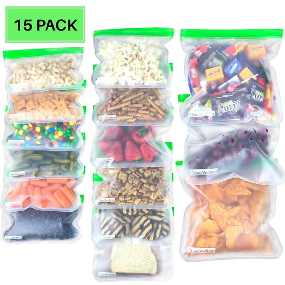 FoodVacBags Reusable PEVA Storage Bags -15 Pack (3 Gallon, 6 Sandwich, 6 Snack Bags)