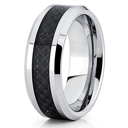 Tungsten Wedding Band Black Carbon Fiber Inlay 8mm Tungsten Ring Beveled Edges