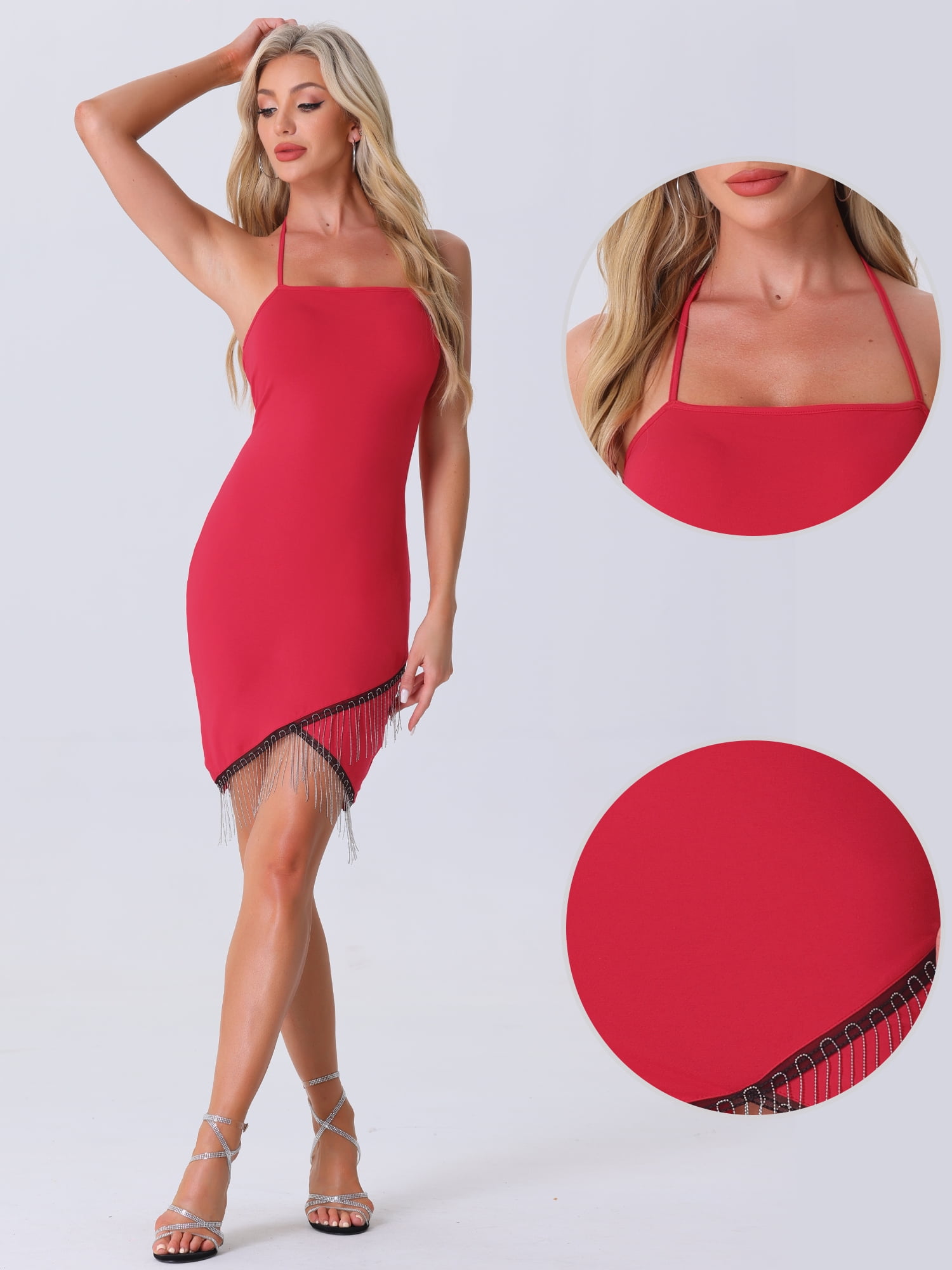 DARING DIVA Halter Fringe Trim Bodycon Mini Dress S Red