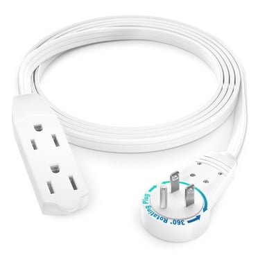 Maximm Cable 5 Ft 360° Rotating Flat Plug Extension Cord/Wire, 16 AWG Multi 3 Outlet Extension Wire, 3 Prong Grounded Wire - White - UL Certified
