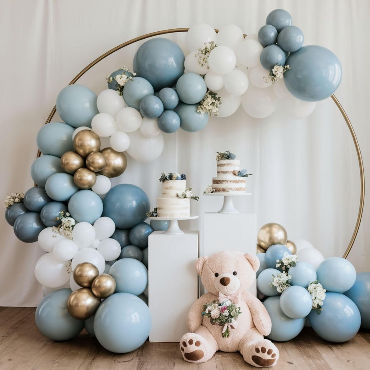 Dusty Blue and Gold Balloons, 12 Inch Blue Gold Balloons, Retro Fog Blue Metallic Golden White Confetti Balloons Latex Balloon for Wedding Baby Shower Gender Reveal Birthday Party Decoration
