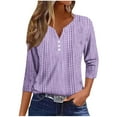 thumbnail image 2 of Tops for Women under $5 3/4 Sleeve V-Neck Printed Button Casual T-Shirt Loose Top Purple M, 2 of 5