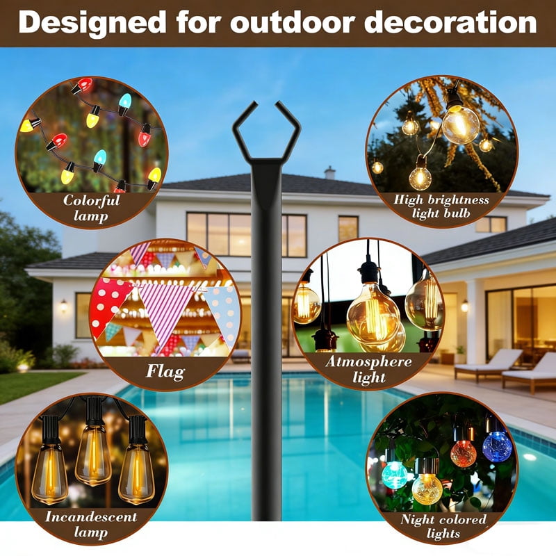 4 Packs String Light Poles ,10Ft Light Poles for Outside Lights,Outdoor with Fence Brackets Hanging Lights,Metal Stand Deck Patio Backyard(10FT 2Pack Black)