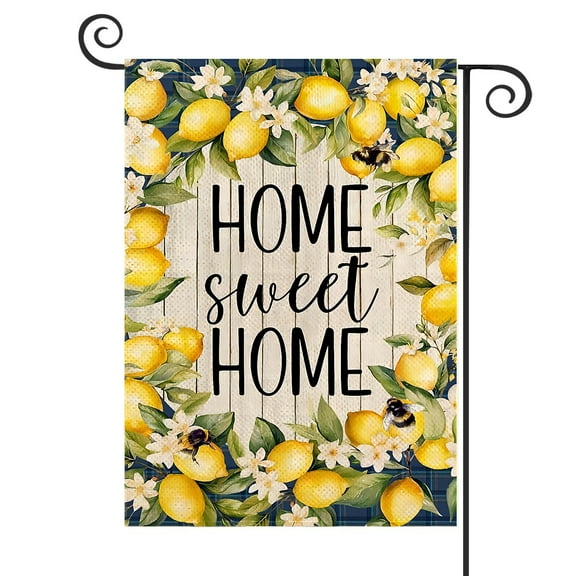 DMERBYL Home Sweet Home Garden Flag Summer Yellow Lemon Burlap Yard Flag Outdoor Farmhouse Blue Plaid Check Flags Double Sided Spring Seasonal Outside Patio Decoration 12.5x18 Inch