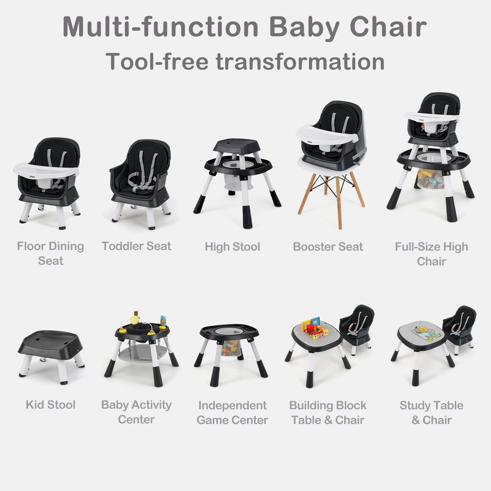 INFANS 9 in 1 High Chair, Convertible Baby Highchair for Babies and Toddlers, Table and Chair Set Building Block Infant Dining Booster Seat, Kids Stool with Activity Children Play Kitchen