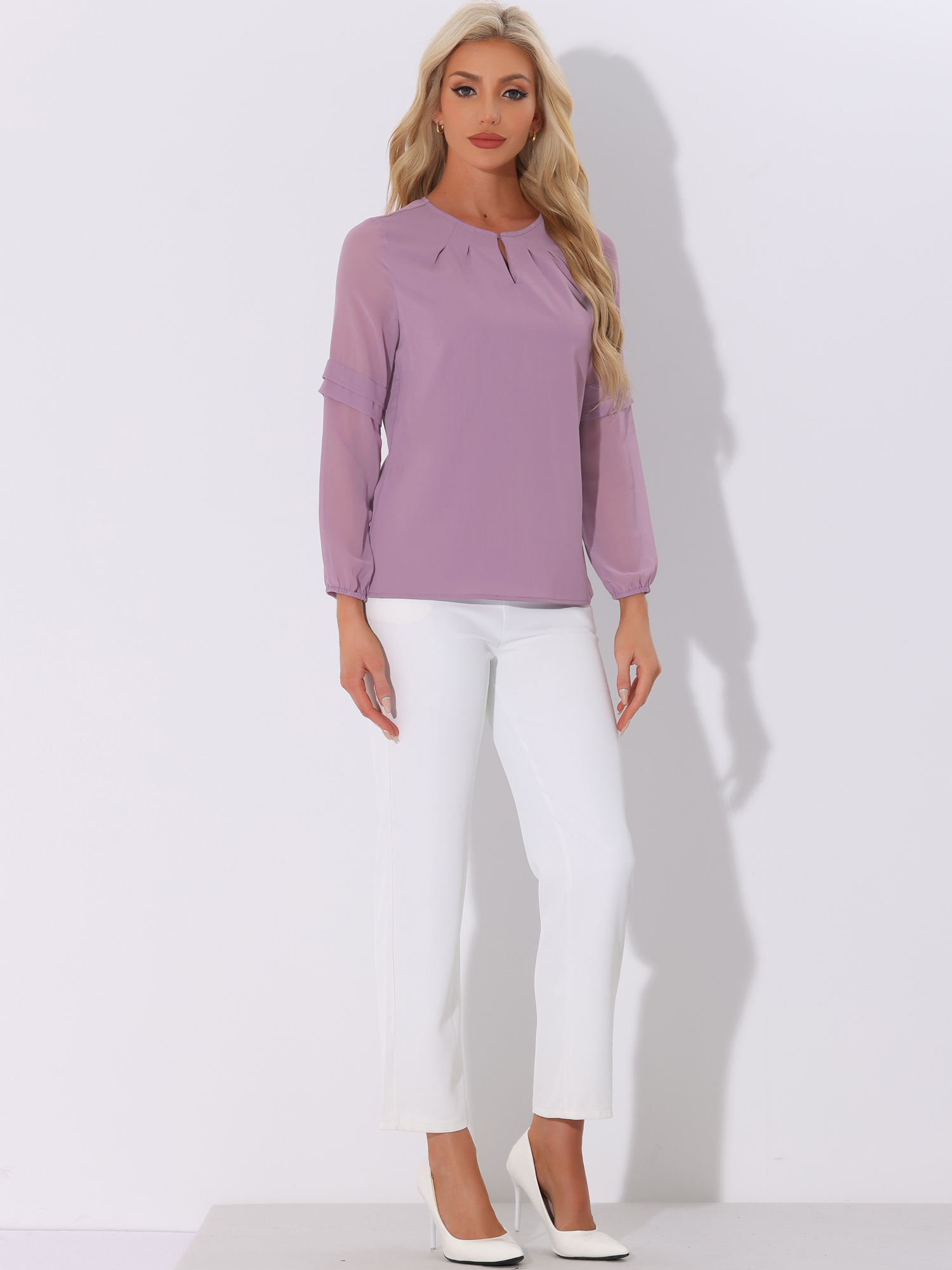 DARING DIVA Chiffon Semi Sheer Long Sleeves Blouses S Dark Purple