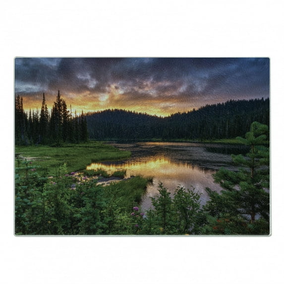 Mt Rainier Cutting Board, Spring Sunset National Park Woods Flowers Lake and Grass Calm Nature Photo, Decorative Tempered Glass Cutting and Serving Board, in 3 Sizes, by Ambesonne