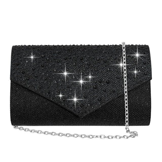 CurvChic Women Evening Bag Clutch Rhinestone Envelope Party Handbag Bridal Prom Purse (Black)