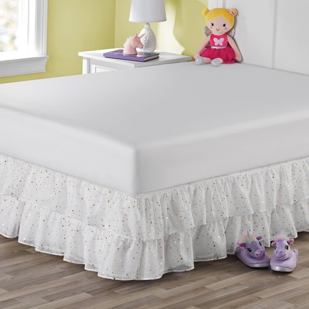 Your Zone Organza TwoTier Ruffle Bed Skirt Gold Metallic Printed White