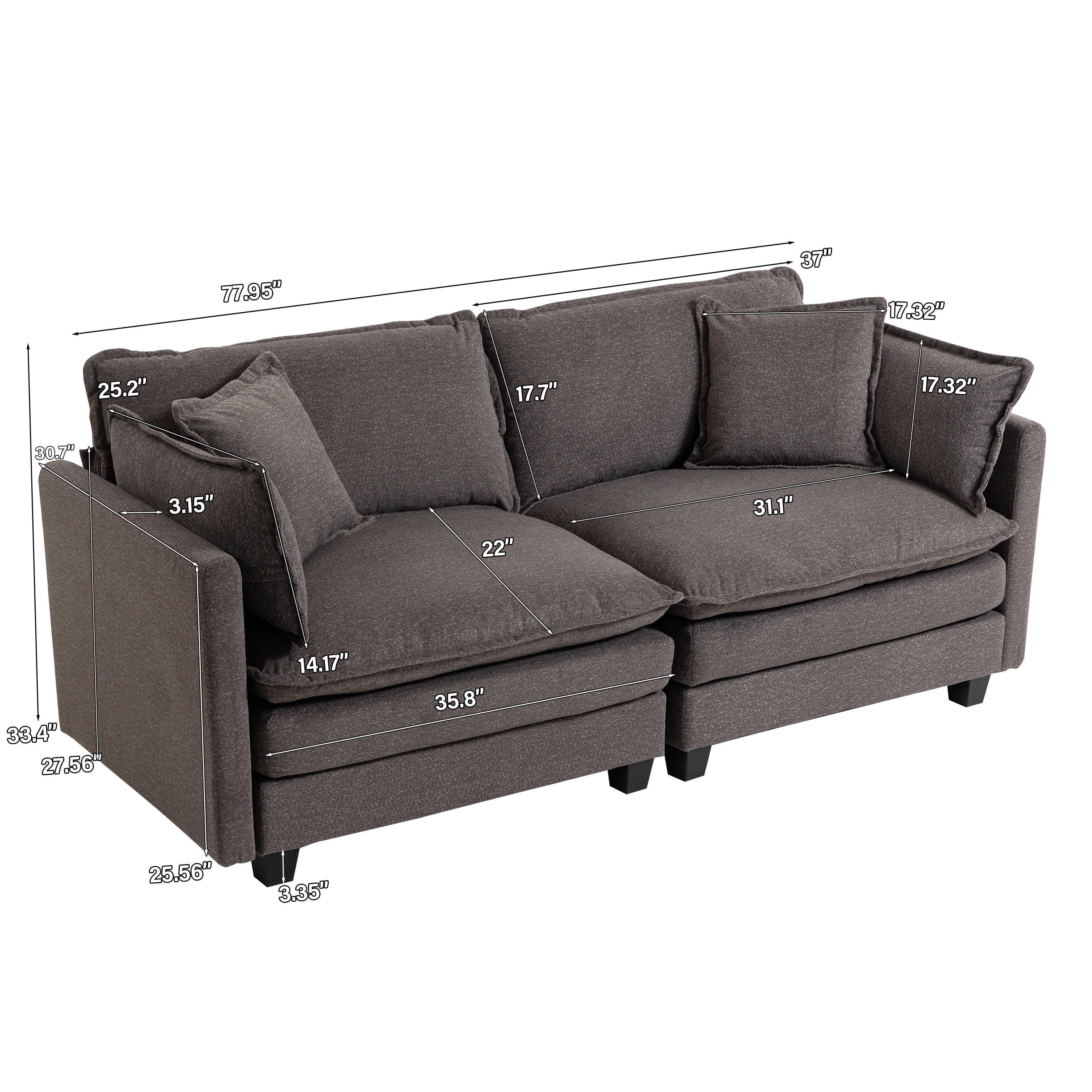 Modular Sectional Sofa with Waist Pillows, 2-Seat Upholstered Couch with Chaise Lounge for Living Room, Apartment, Small Space, Antique Grey