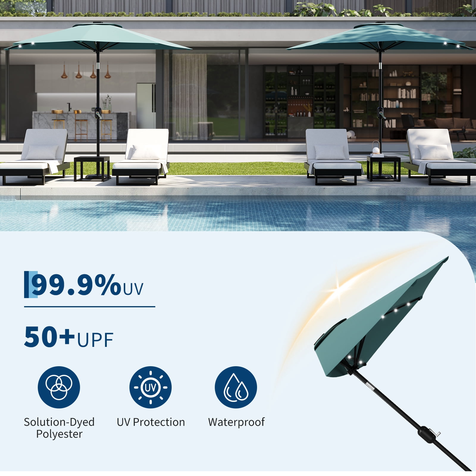 Patio Umbrella 9FT - Half Umbrella Outdoor with Solar LED Lights and Smooth Crank Lift, Outdoor Shade Canopy for Patio,Garden,Blue