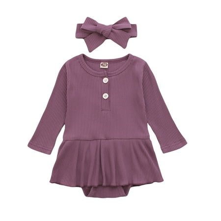 

Toddler Kids Baby Girls Spring and Autumn Long Sleeve Romper Dress Baby Solid Color Round Neck Romper Skirt with Hair Band Suit