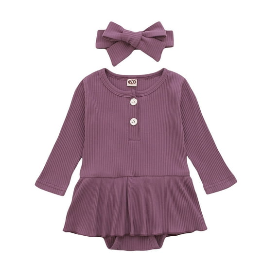 Fesfesfes Infant Baby Bodysuit Girls Long Sleeve Solid Ribbed Clothes Romper Dress Hairband Outfits Summer Saving Sale