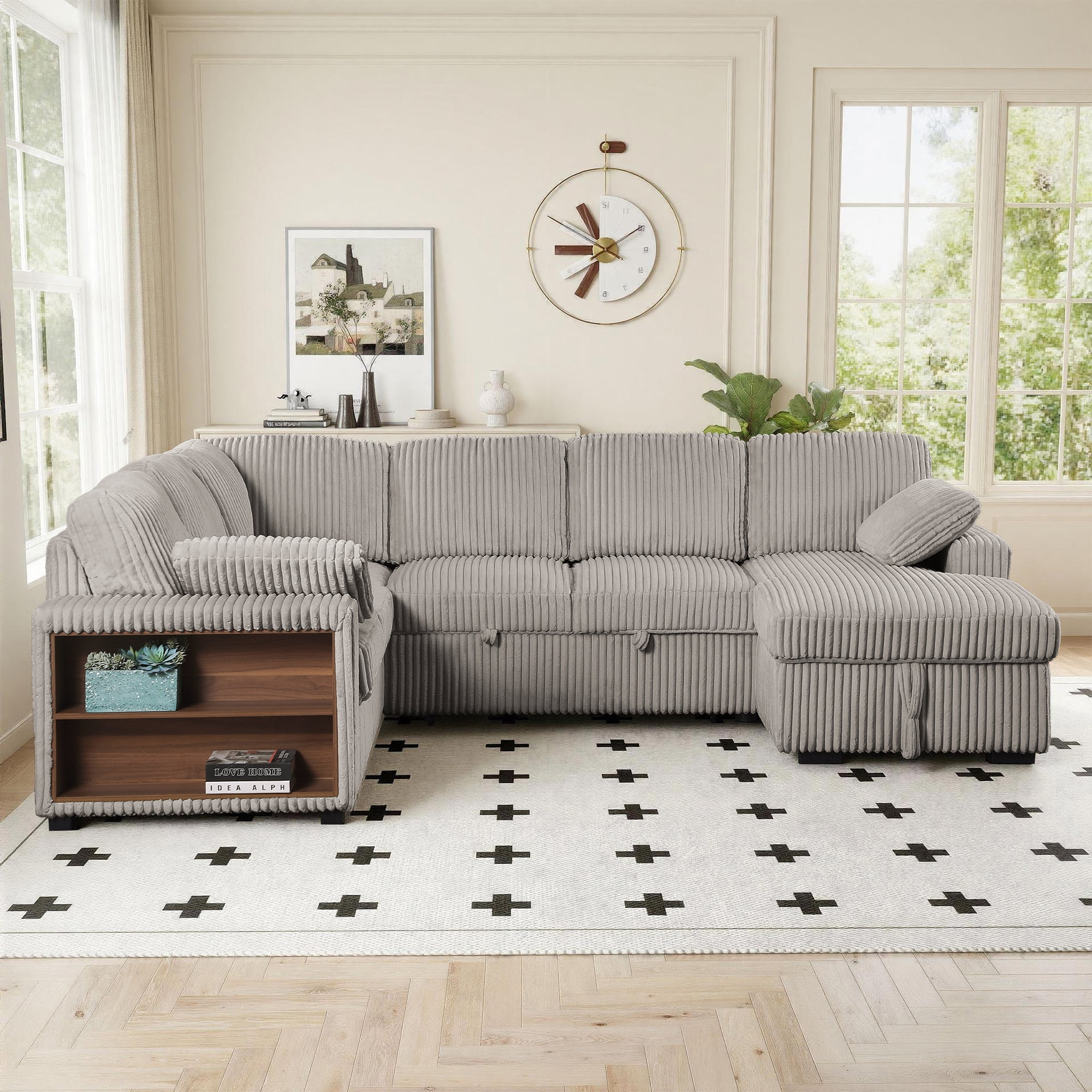 Gewnee 117 inch Sectional Sofa with Pull Out Bed,U-Shaped Modular Sectional with Storage,Cloud Couch for Living Room,Family Room & Apartment,Light Grey