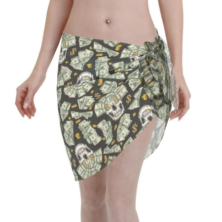 Qekee Skull with Dollar Women s Short Sarongs Cover Ups Sheer Bikini Wraps for Swimwear