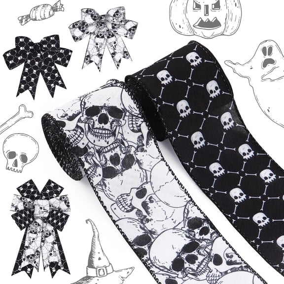 2 Rolls Halloween Skull Wired Ribbon Black White Skeleton Fabric for Decor 2.5"x5Yard Each
