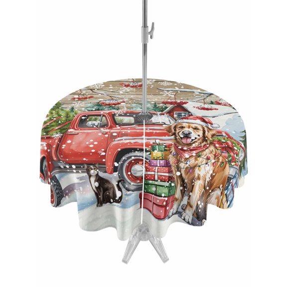 Outdoor Tablecloth with Umbrella Hole and Zipper, Christmas Round Table Cloth 54 Inch Waterproof Tablecloth, Xmas Winter Red Truck Dogs Farmhouse Wooden Grain Picnic Table Cover for Patio Camping