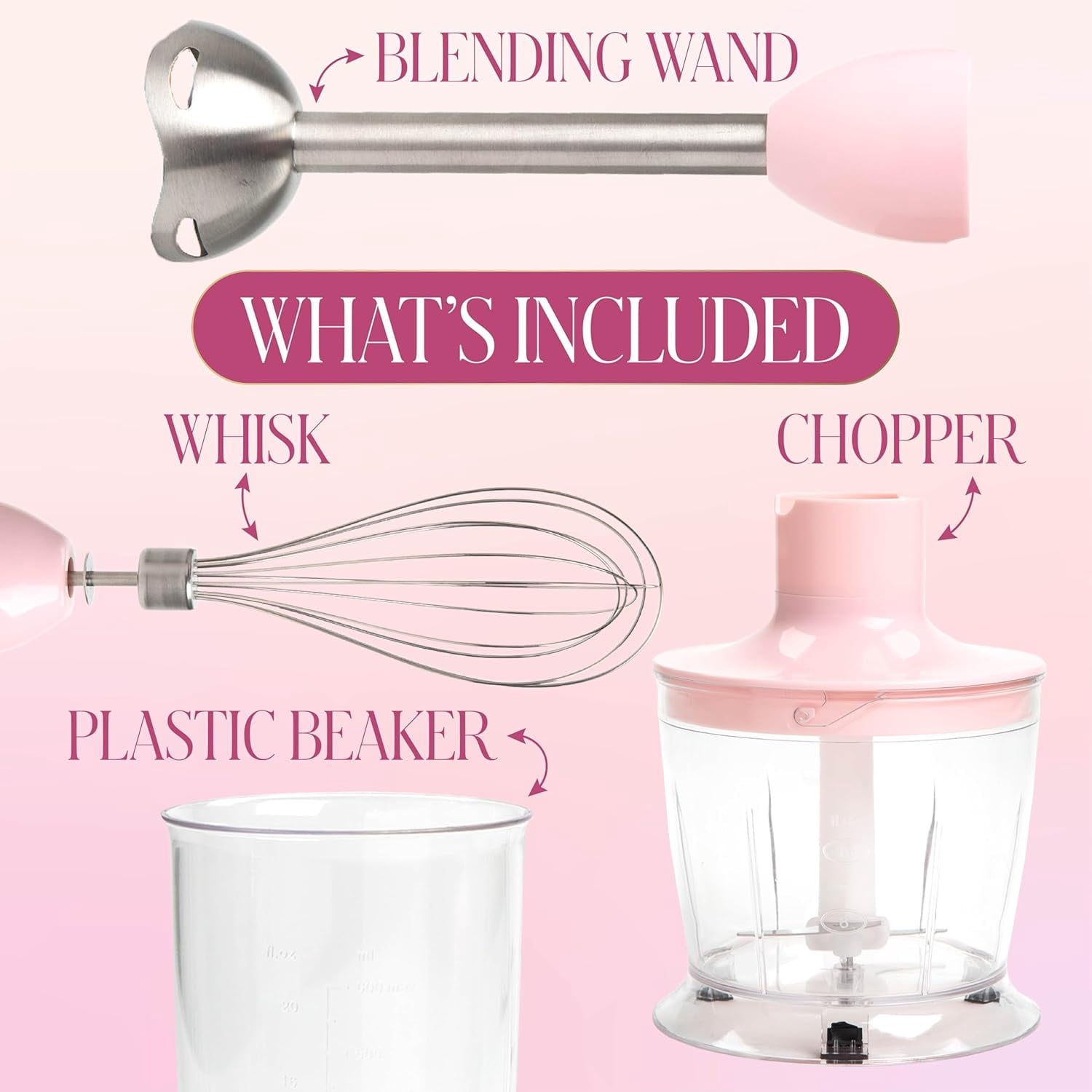 Hand Blender Set, 2-in-1 Immersion Stick Blender with Whisk & Blending Shaft, 400W High Speed, Pink with Gold Accents