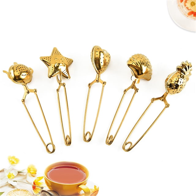 5 uds bolas a presión para té, concha, corazón, estrella, piña, filtros de té en forma de tetera, colador de té de acero inoxidable con mango largo (dorado)