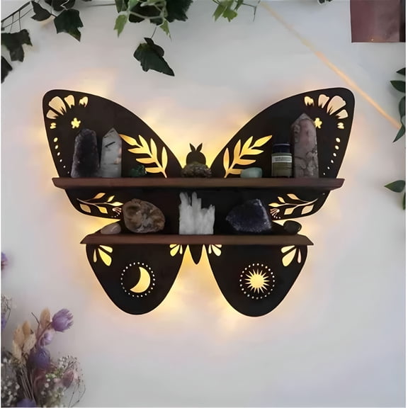 XIBUFE Crystal Display Shelf Wall Moon Shelves Luna Moth Hamsa Hand Holder Floating Wall Mounted Decorative Crystal Shelf(Butterfly-38.5 * 28Cm/15 * 11Inch)