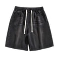 thumbnail image 5 of Summer Mens Solid Denim Shorts Casual Straight Leg Loose Fit Drawstring Knee Length Breathable Black L, 5 of 5