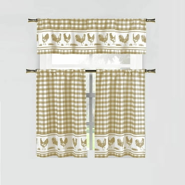 Taupe 3 Piece Window Curtain Set: Gingham Check and Rooster Design