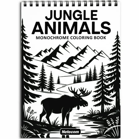 Netecom Jungle Animals Monochrome Coloring Book Spiral Bound for Adults Softcover Relaxing One-Color Illustrations with Tiger Elephant Monkey and Exotic Wildlife for Mindfulness Stress Relief