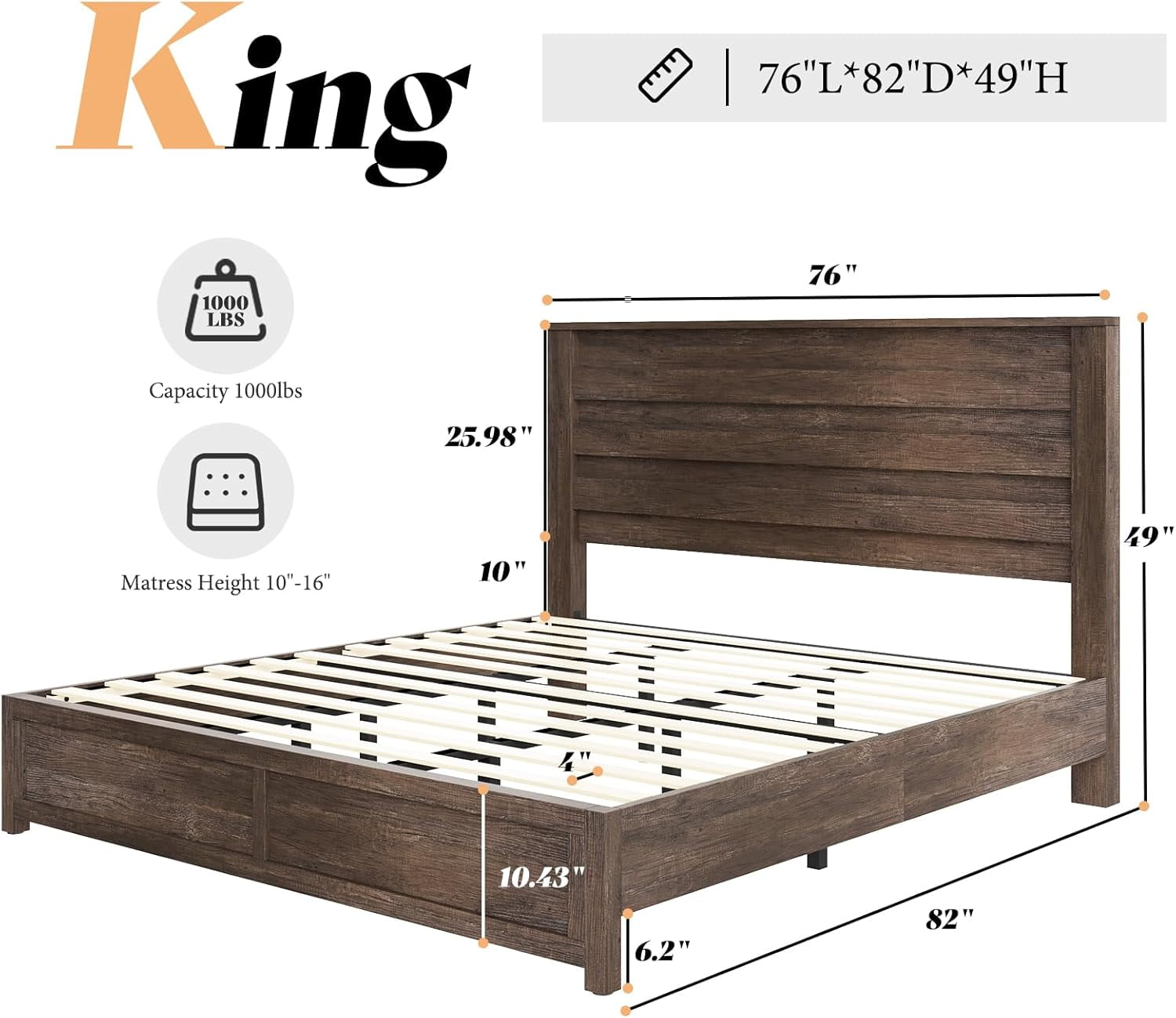 LUXOAK King Size Bed Frame with Natural Wood Platform, 49" Fluted Headboard, Grey