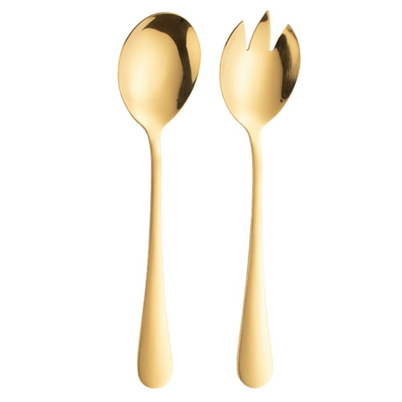 2Pcs Stainless Steel Serving Spoons Fruit Salad Spoons Salad Fork (Golden)