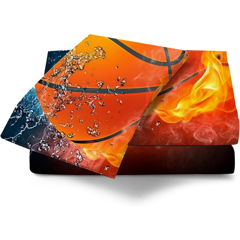 Epic 3D Basketball Duvet Cover - Action Fire & Water Design for Ultra-Cool Kids & Teens Sports Themed Room (Twin, Full, Queen, King)