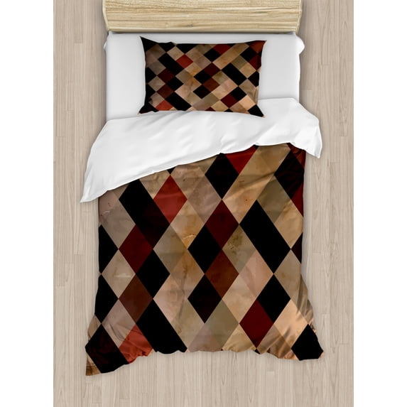 Grunge Duvet Cover Set Twin Size, Antique Looking Checkered Pattern in Brown Tones Vintage Grid Artistic Aged Display, Decorative 2 Piece Bedding Set with 1 Pillow Sham, Multicolor, by Ambesonne