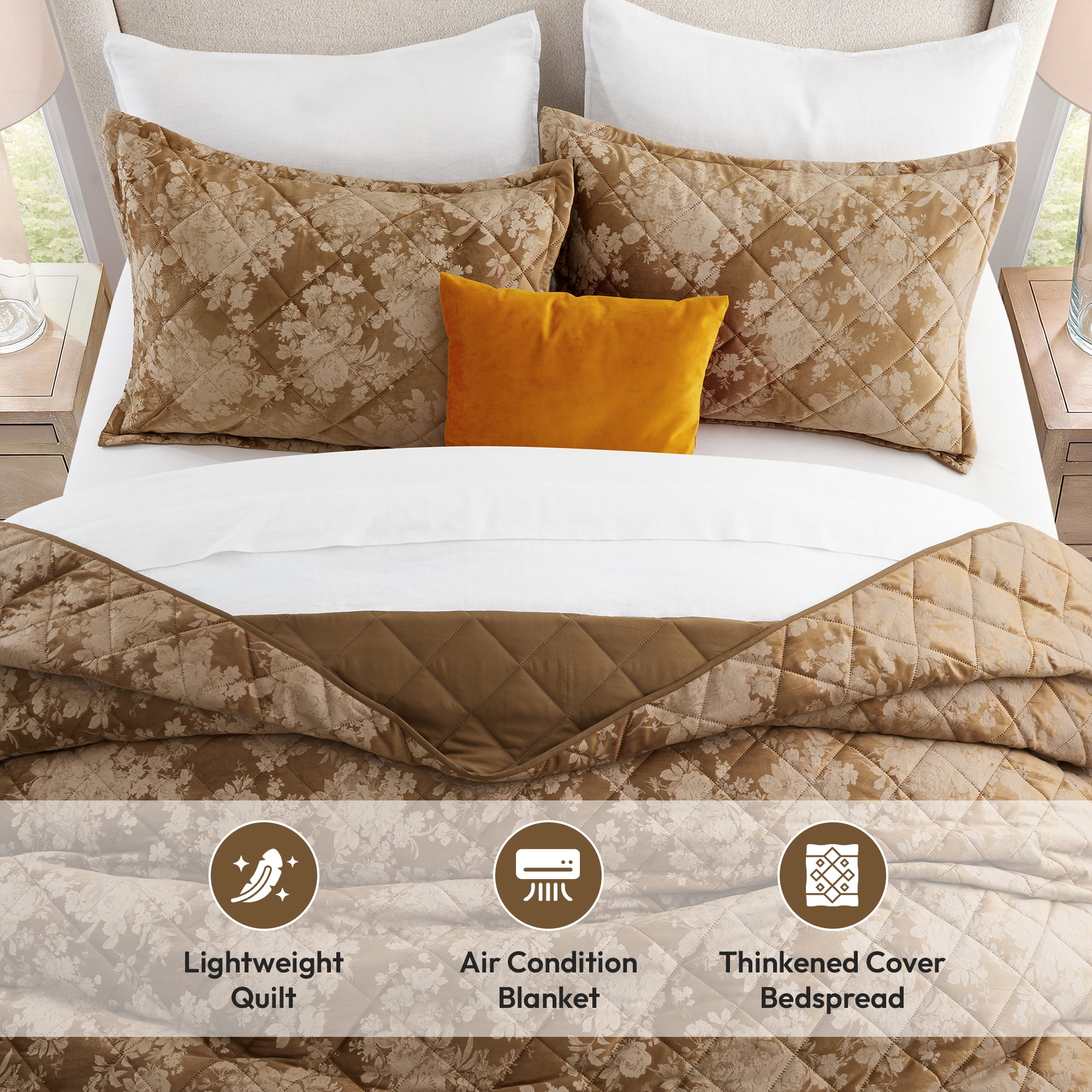 IR Imperial Rooms Velvet Bedspread Floral Pattern 3-Piece Set Ultrasonic Embossed Quilt Reversible Soft Microfiber Coverlet Queen Size Caramel