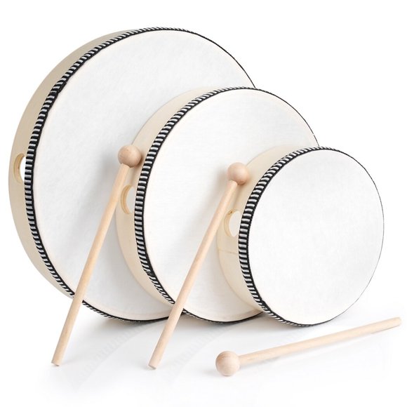 Hand Drums, 3 Pcs Wood Frame Hand Drums with 3 Drumsticks, Percussion Drums Musical Instrument for Kids, Adults, Beginners, 6in & 8in & 10in