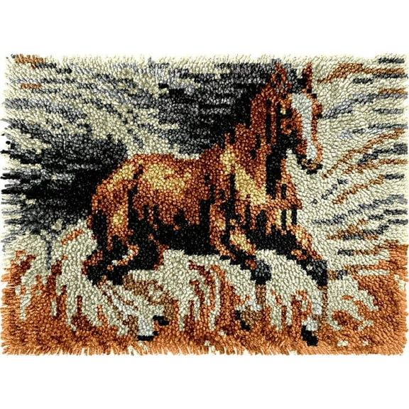 Running Horse Latch Hook Kits Rug DIY Cushion Tapestry Making Crochet Hook Mat Making Kits Color Preprinted Pattern Canvas DIY Carpet Needlework Crochet Kits 52x38cm (AG11-51)