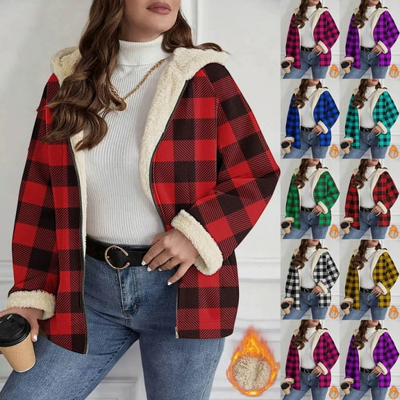 Womens Sherpa Lined Plaid Shacket Jacket Long Sleeve Zipper Up Fleece Hooded Jackets Fall Winter Warm Coat